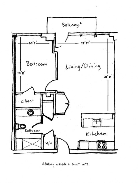 A drawing of a floor plan for a small apartment with a living room, dining room, kitchen, bathroom, and closet.